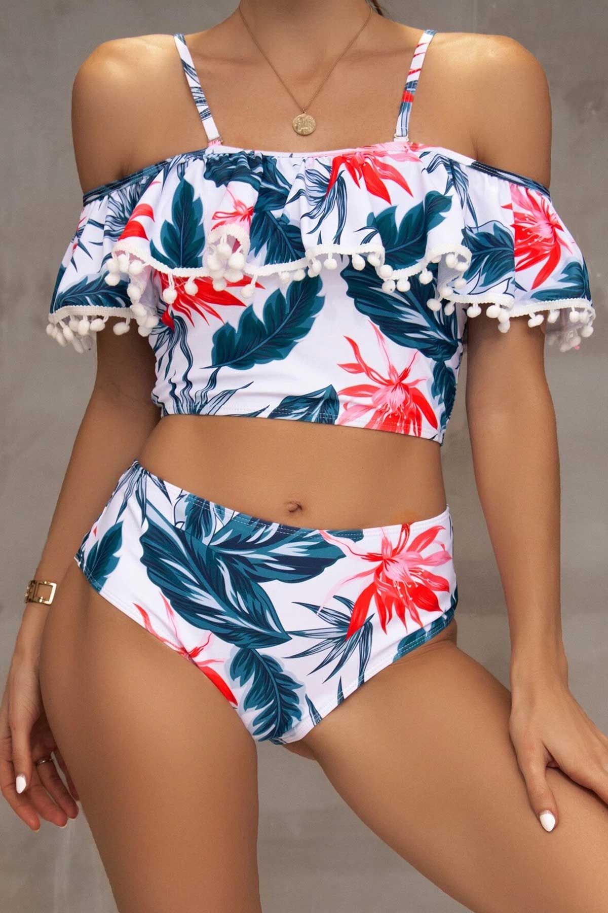 Shein bikini con volante con pompón Vezia