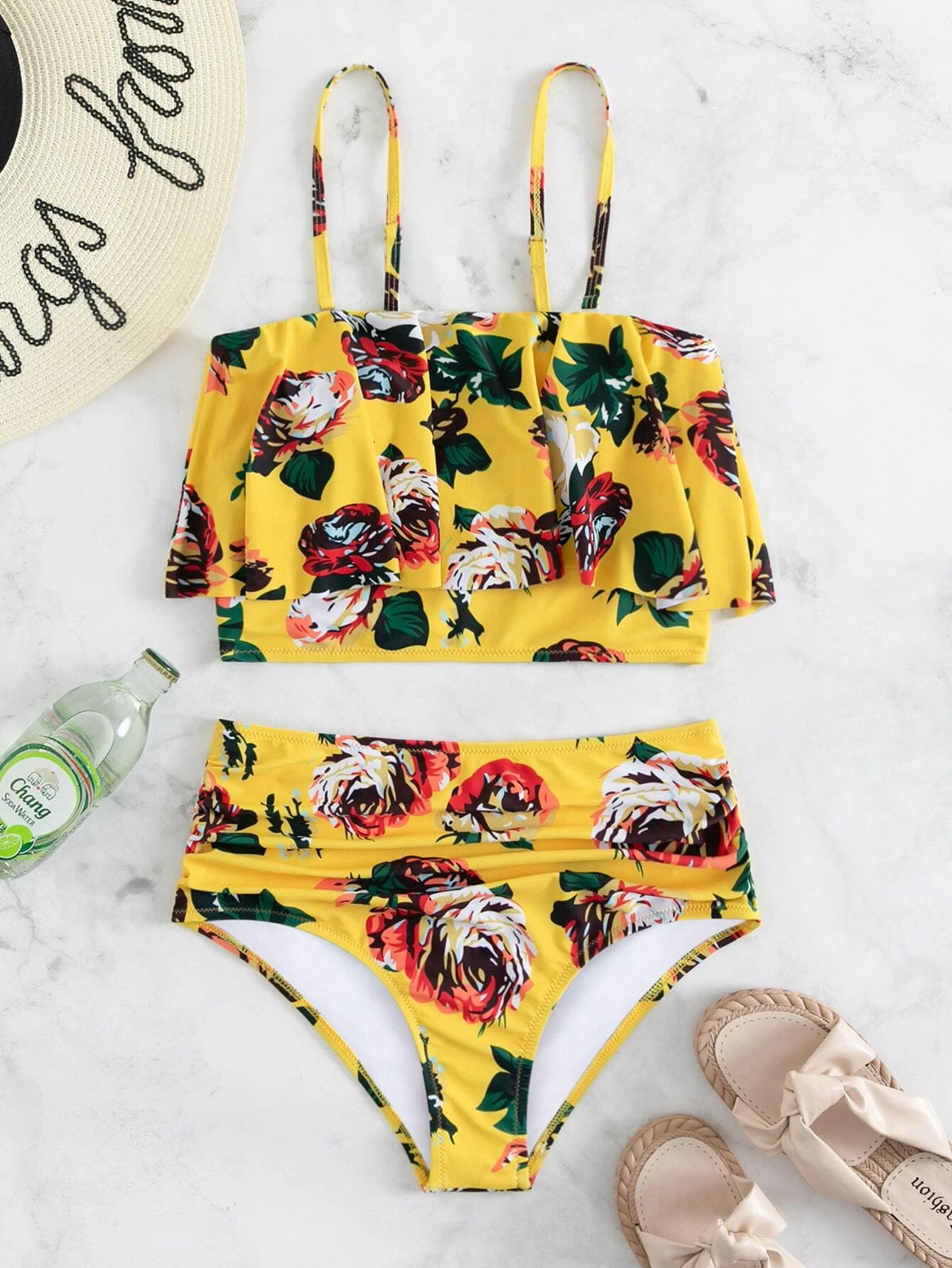 Shein bikini de cintura alta con volante floral Vezia